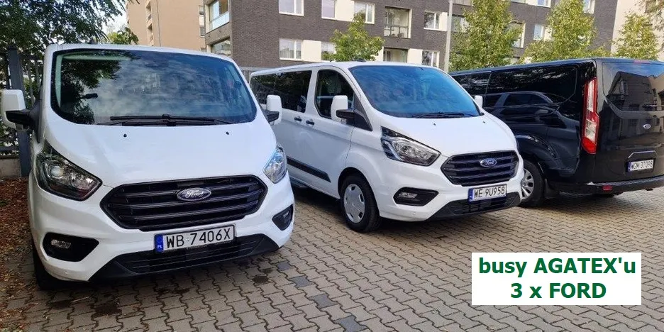 3 razy Ford - 2 białe Transity i 1 czarny Tourneo - przykładowe busy AGATEXu