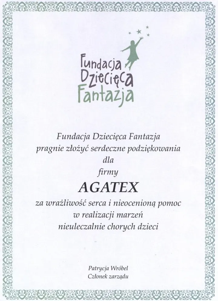 dyplom od Fundacji Dziecięcej Fantazja