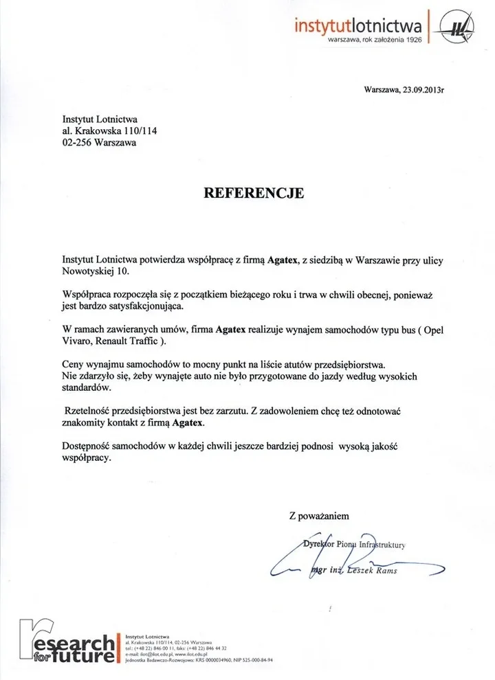 referencje od Instytutu Lotnictwa